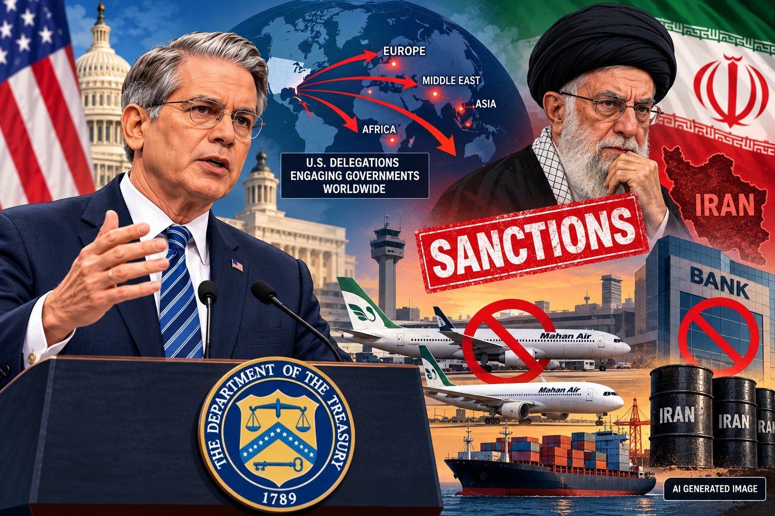 US Treasury Secretary Scott Bessent says Washington is working with governments worldwide to increase financial and aviation restrictions on Iran.
