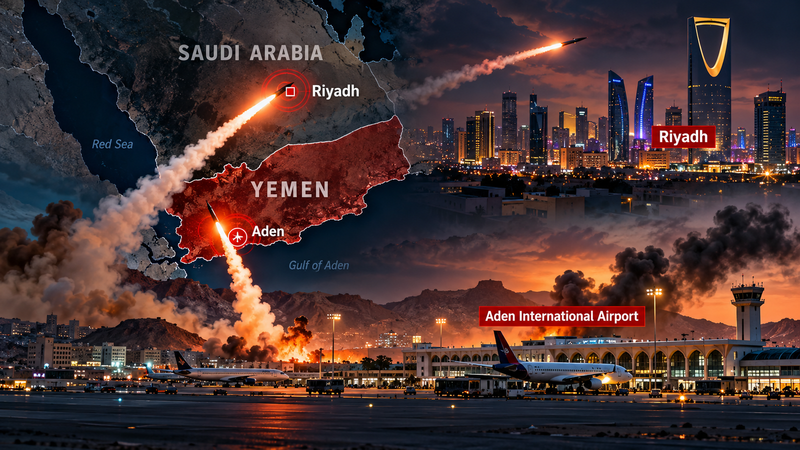 Yemen Conflict Escalates as Houthis Target Aden Airport, Riyadh Faces Missile Threat